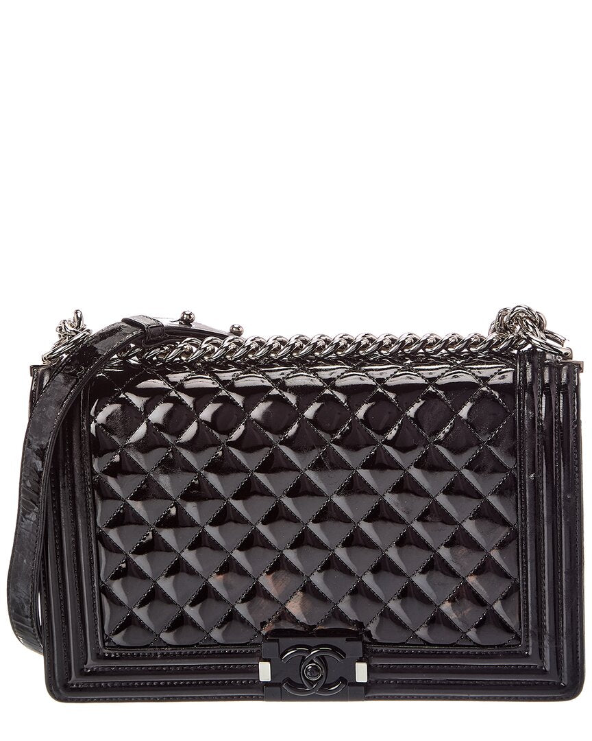 Chanel Chanel Black Quilted Patent Leather New Medium Plexiglass Boy Flap (Authentic