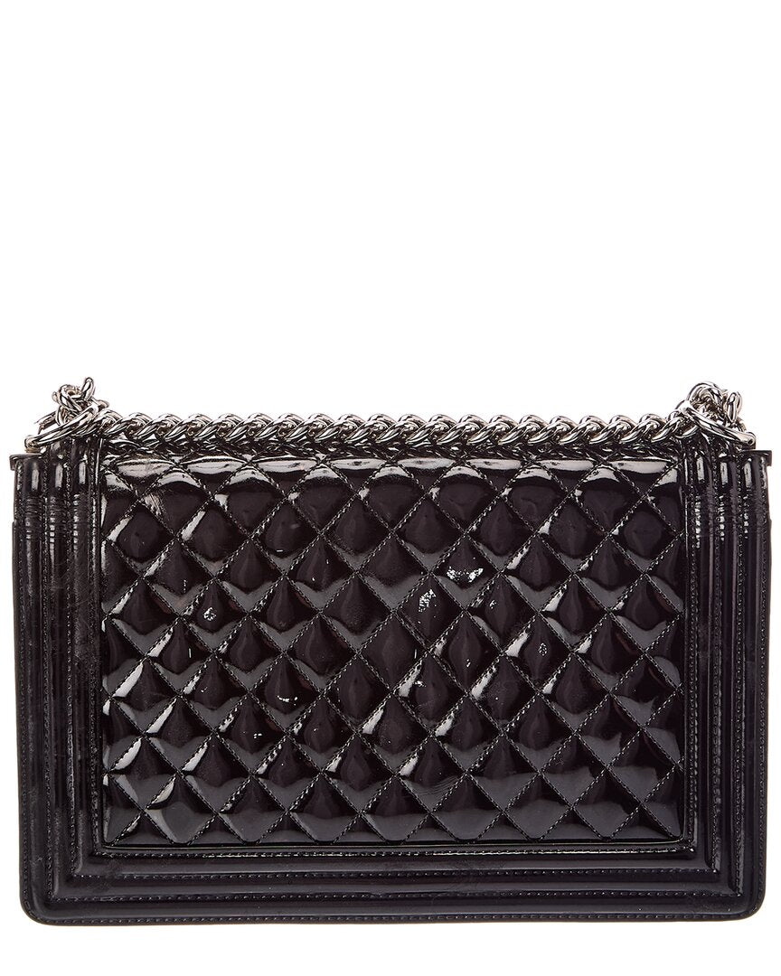 Chanel Chanel Black Quilted Patent Leather New Medium Plexiglass Boy Flap (Authentic