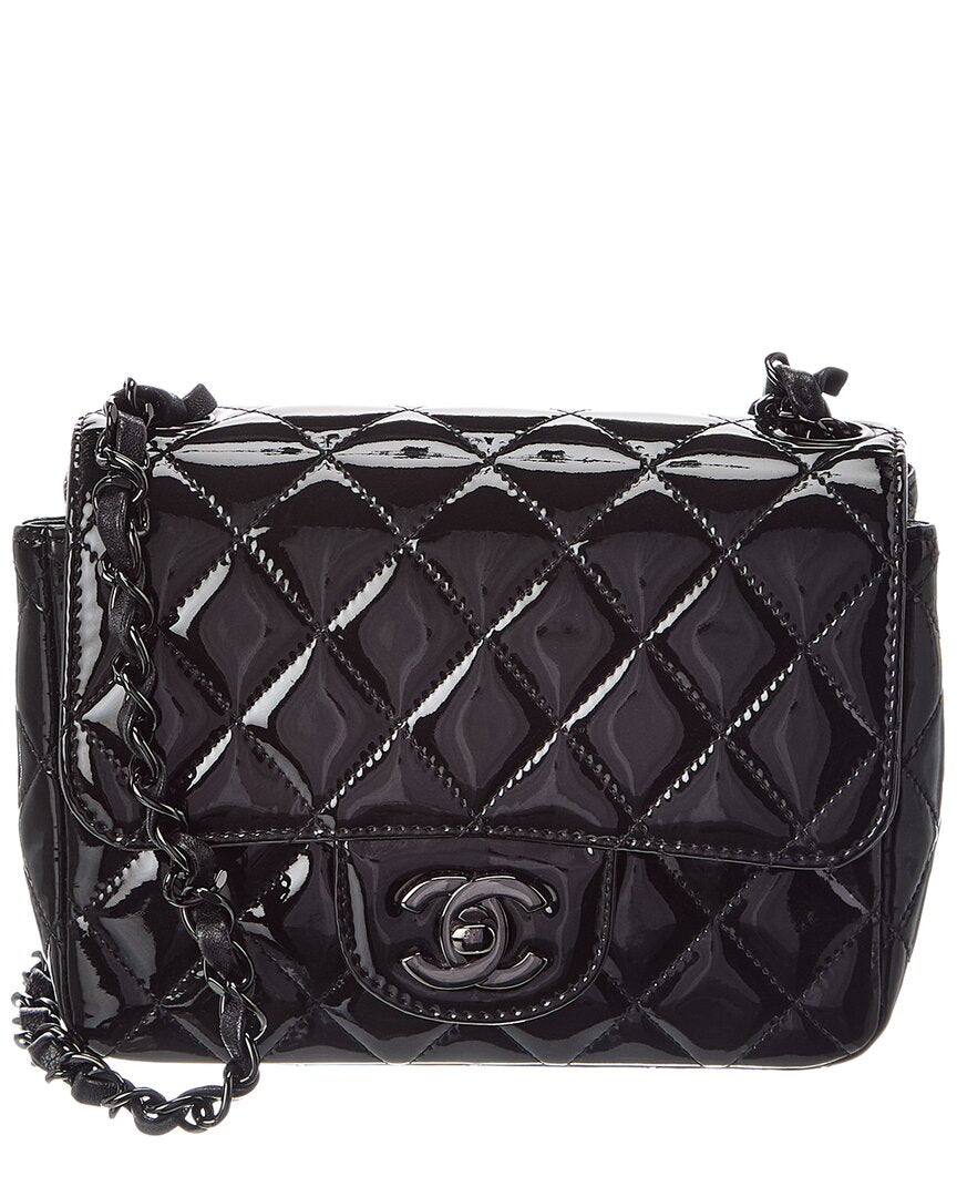 Chanel Chanel Black Quilted Patent Leather Mini Square Flap So Black (Authentic