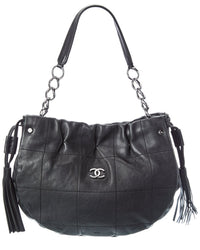 Chanel Chanel Black Quilted Lambskin Leather Stitched Fringe Hobo Bag (Authentic