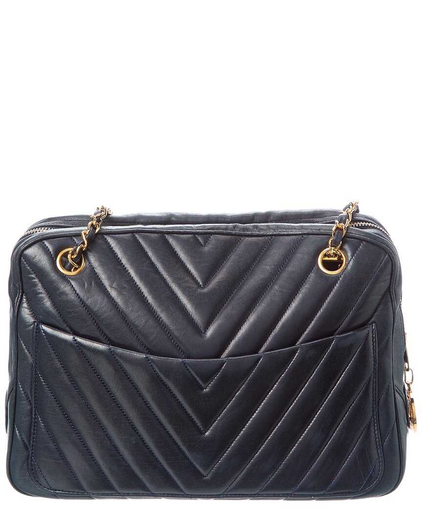 Chanel Chanel Navy Quilted Lambskin Chevron Leather Camera Case (Authentic Pre-Loved)