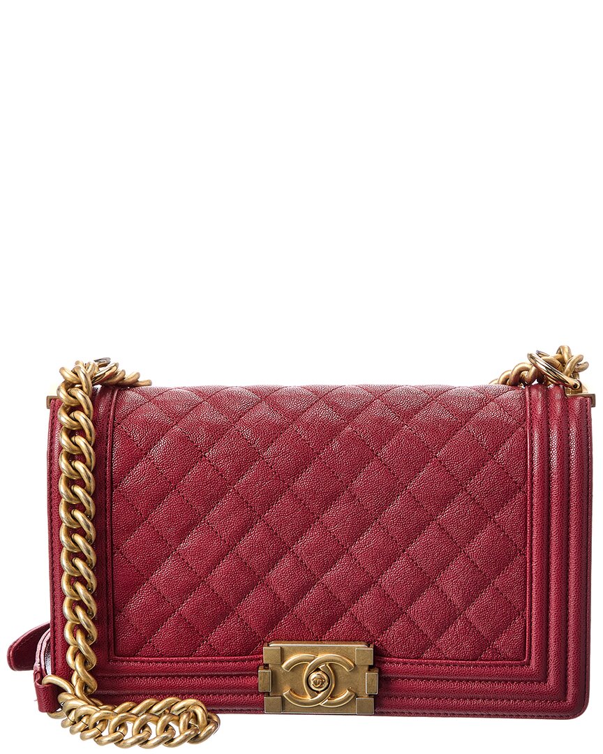 Pre-Owned Chanel Red Caviar Quilted Calf Leather Boy 25 Crossbody (Authentic Pre-Loved)