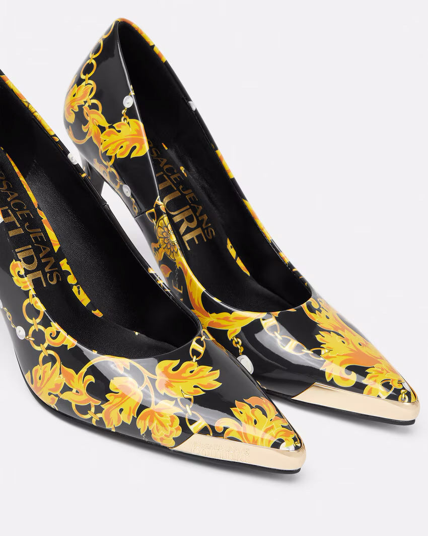 Versace Jeans Couture Black/Gold Baroque Print Toe Cap Stiletto Pumps