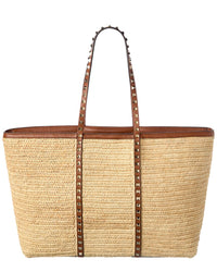 Valentino Valentino Rockstud Straw & Leather Tote