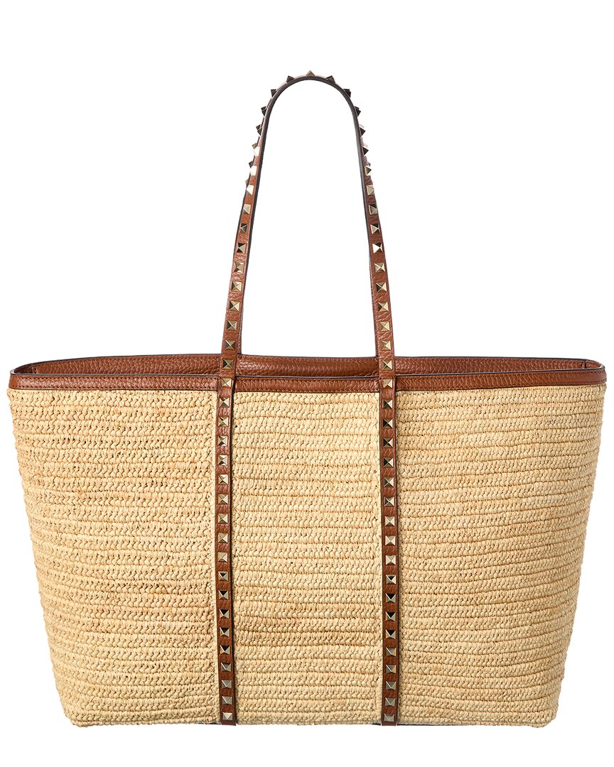 Valentino Valentino Rockstud Straw & Leather Tote