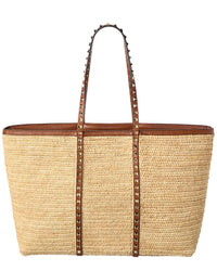Valentino Valentino Rockstud Straw & Leather Tote