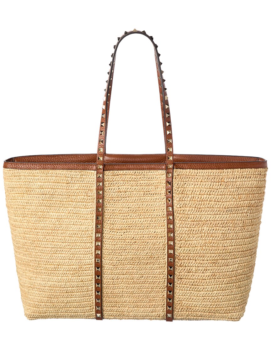 Valentino Valentino Rockstud Straw & Leather Tote