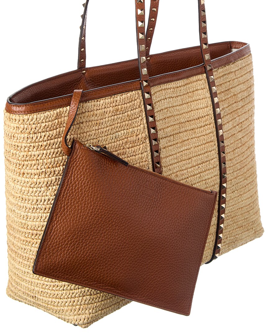 Valentino Valentino Rockstud Straw & Leather Tote