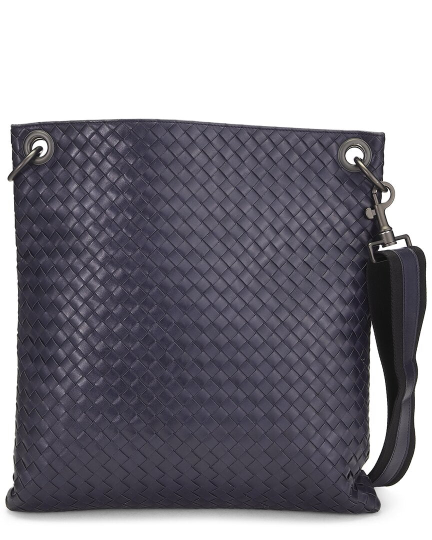 Bottega Veneta Bottega Veneta Navy Intrecciato Leather Flat Messenger Bag (Authentic Pre-