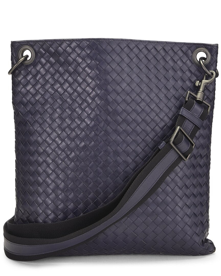 Bottega Veneta Bottega Veneta Navy Intrecciato Leather Flat Messenger Bag (Authentic Pre-