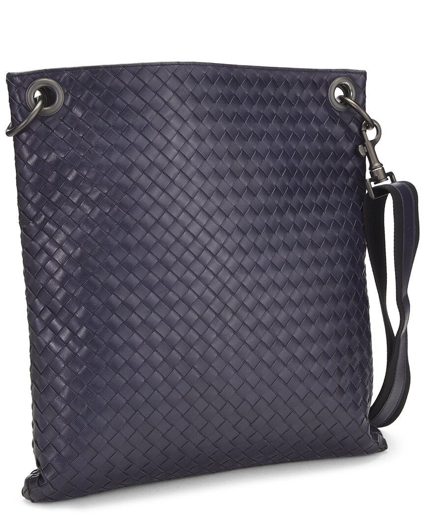Bottega Veneta Bottega Veneta Navy Intrecciato Leather Flat Messenger Bag (Authentic Pre-
