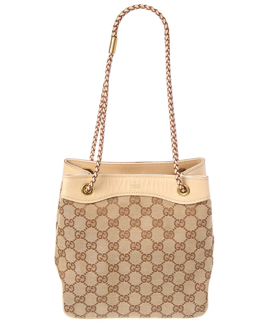 Gucci Pre-Owned Gucci White Canvas & Leather Braided Handle Bucket Small (Authentic Pre-Loved)
