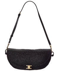 Celine Soft Triomphe Half Moon Raffia & Leather Shoulder Bag