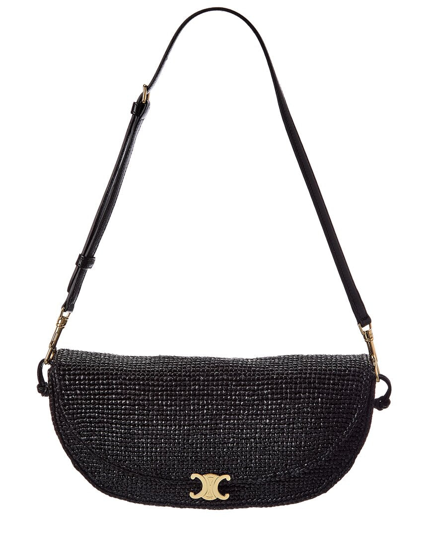 Celine Soft Triomphe Half Moon Raffia & Leather Shoulder Bag