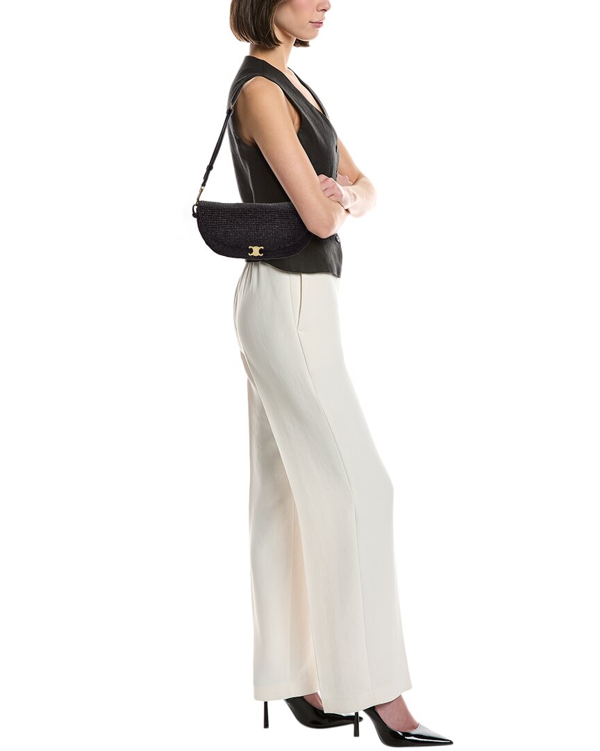 Celine Soft Triomphe Half Moon Raffia & Leather Shoulder Bag
