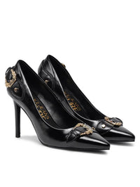 Versace Jeans Couture Black Leather Baroque Buckle Stiletto Pumps