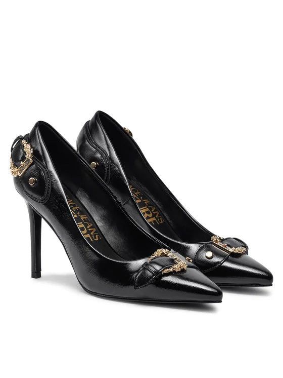 Versace Jeans Couture Black Leather Baroque Buckle Stiletto Pumps