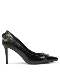 Versace Jeans Couture Black Leather Baroque Buckle Stiletto Pumps
