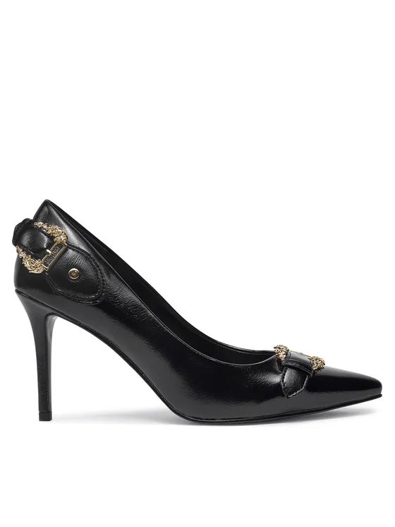 Versace Jeans Couture Black Leather Baroque Buckle Stiletto Pumps