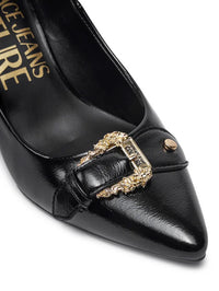 Versace Jeans Couture Black Leather Baroque Buckle Stiletto Pumps