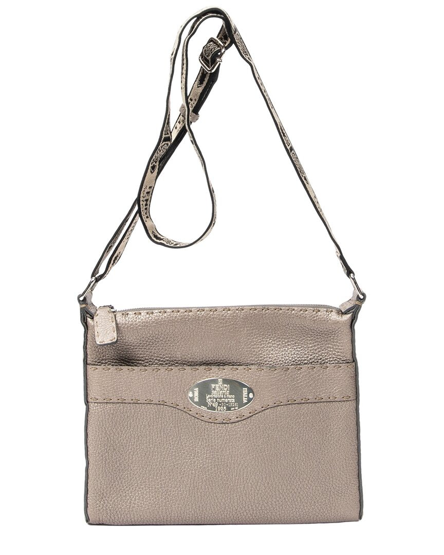 FENDI Fendi Greige Grained Leather Front Pocket Crossbody (Authentic Pre-Loved)