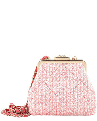 Chanel Chanel Pink Tweed Quilted Canvas Kisslock Frame Clutch Crossbody, Never Carried