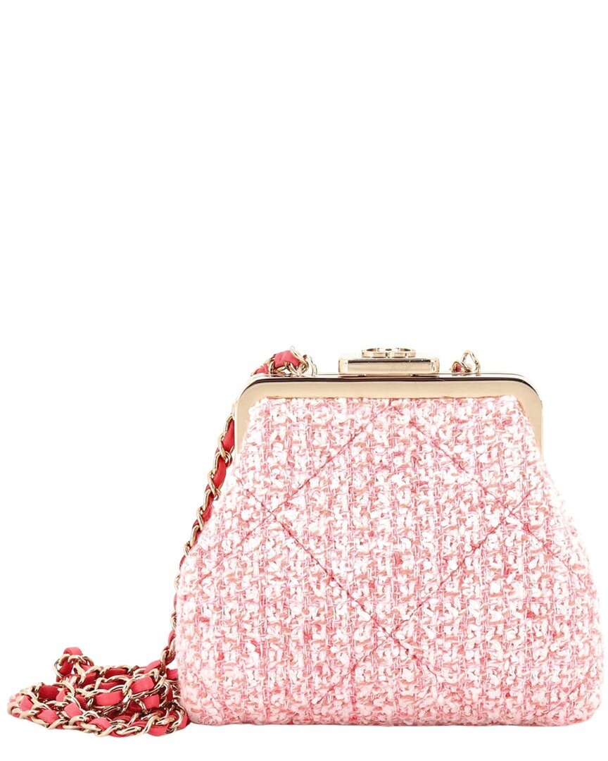 Chanel Chanel Pink Tweed Quilted Canvas Kisslock Frame Clutch Crossbody, Never Carried