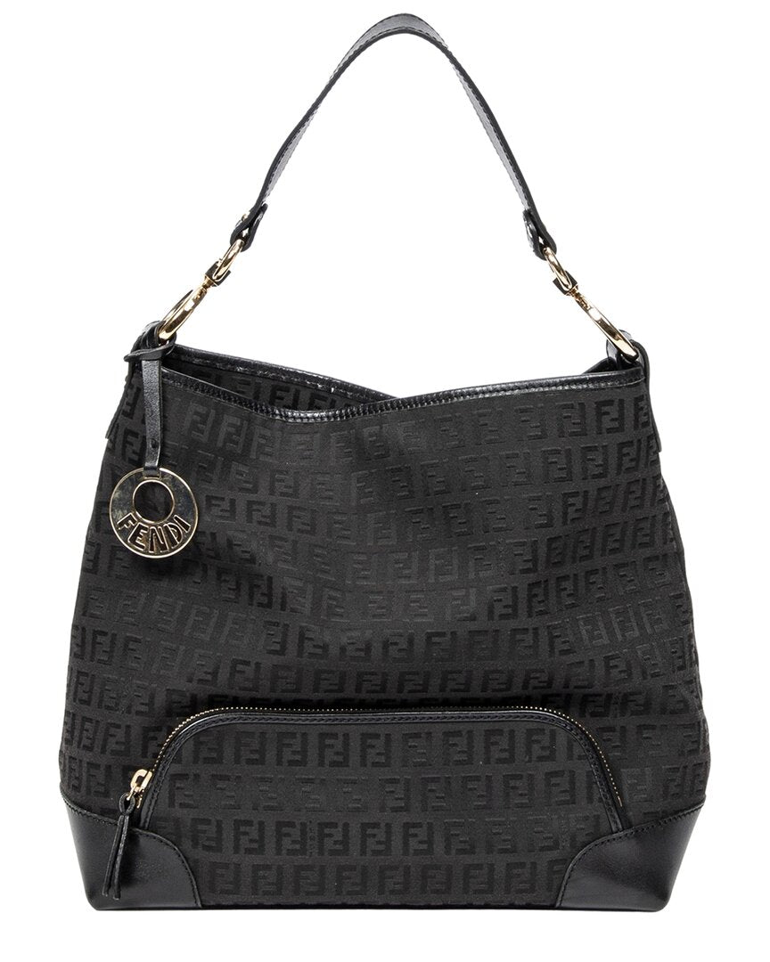 FENDI Fendi Black Zucchino Canvas Front Pocket Hobo (Authentic Pre-Loved)