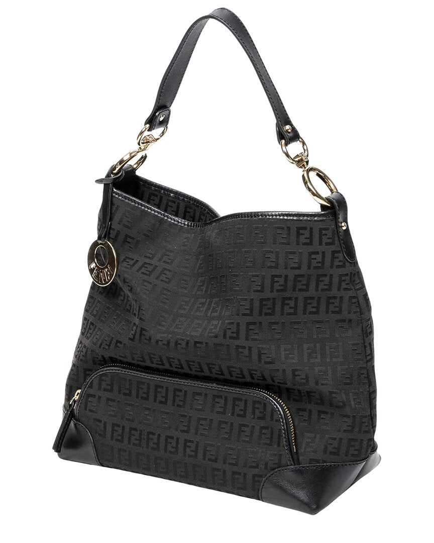 FENDI Fendi Black Zucchino Canvas Front Pocket Hobo (Authentic Pre-Loved)