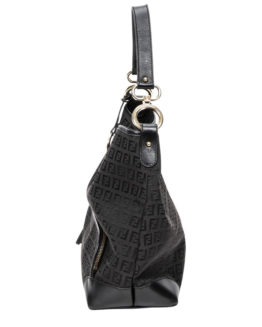 FENDI Fendi Black Zucchino Canvas Front Pocket Hobo (Authentic Pre-Loved)