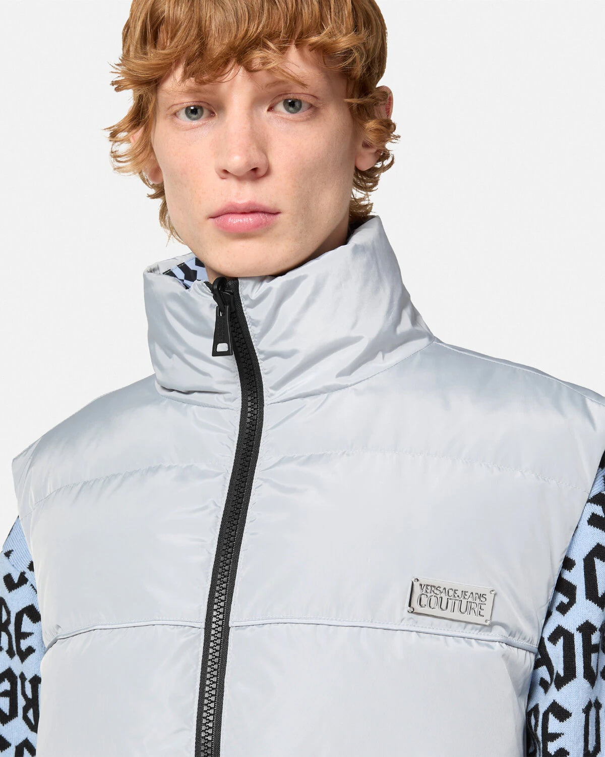Versace Jeans Couture Monogram Ice Grey Puffer Reversible Mens Vest-
