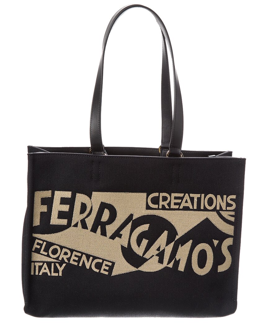 Ferragamo Logo Medium Canvas & Leather Tote Black ONE SIZE