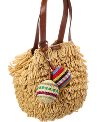 Aquazzura Aquazzura Pompom Mini Raffia & Leather Tote