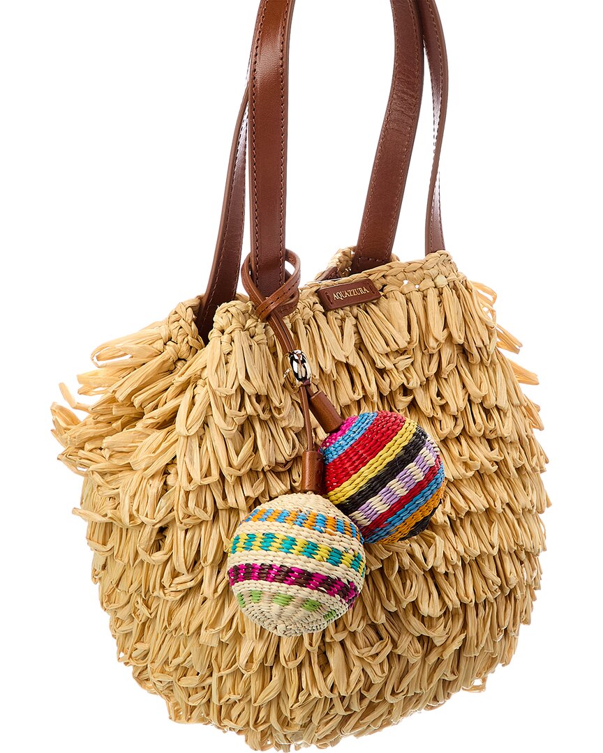 Aquazzura Aquazzura Pompom Mini Raffia & Leather Tote