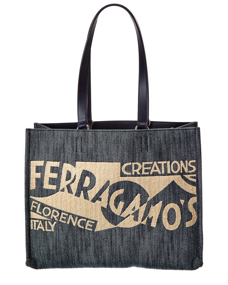 Ferragamo Logo Medium Denim & Leather Tote ONE SIZE Blue