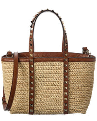 Valentino Valentino Rockstud Straw & Leather Tote