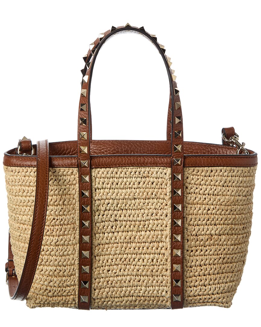 Valentino Valentino Rockstud Straw & Leather Tote