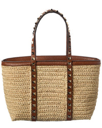 Valentino Valentino Rockstud Straw & Leather Tote