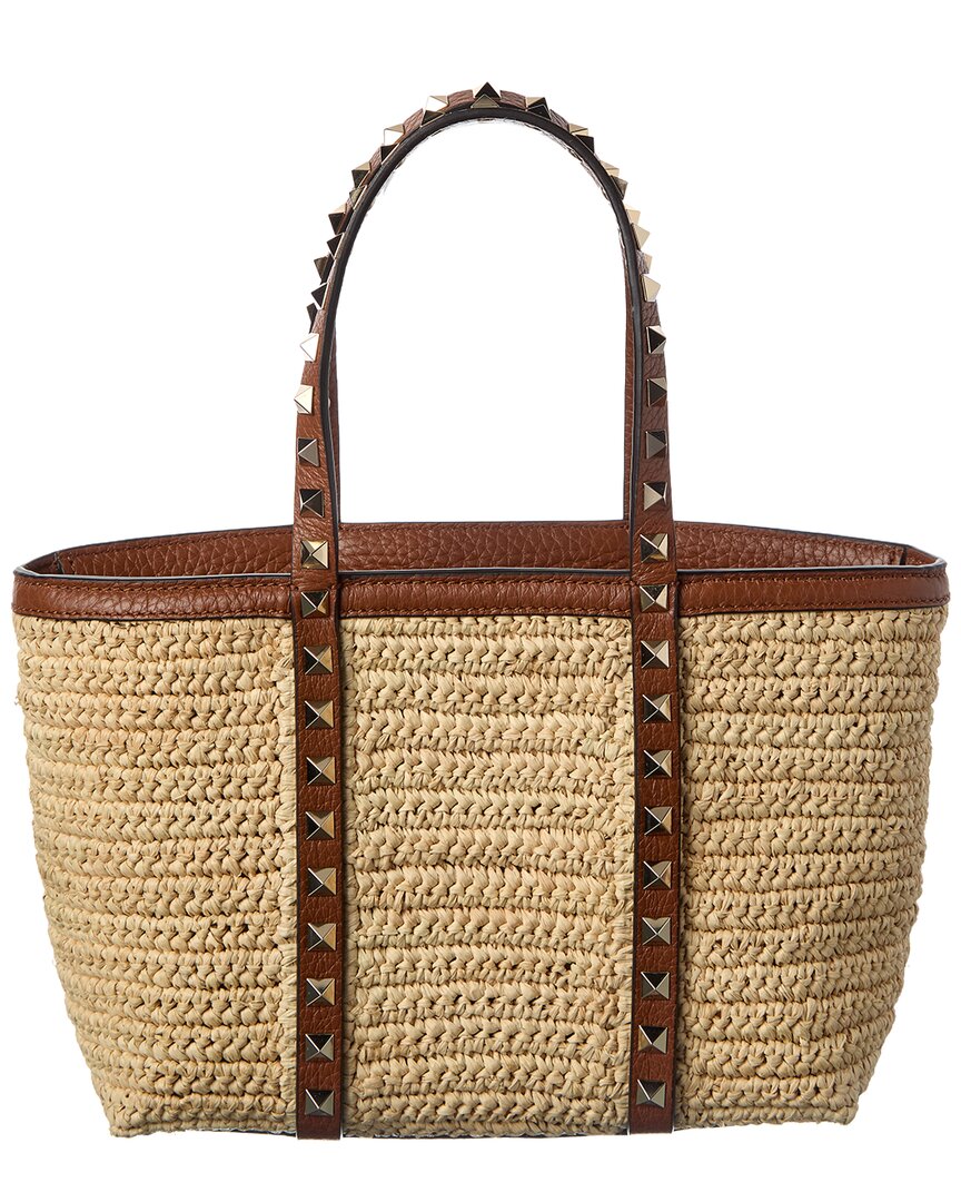 Valentino Valentino Rockstud Straw & Leather Tote
