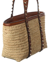 Valentino Valentino Rockstud Straw & Leather Tote