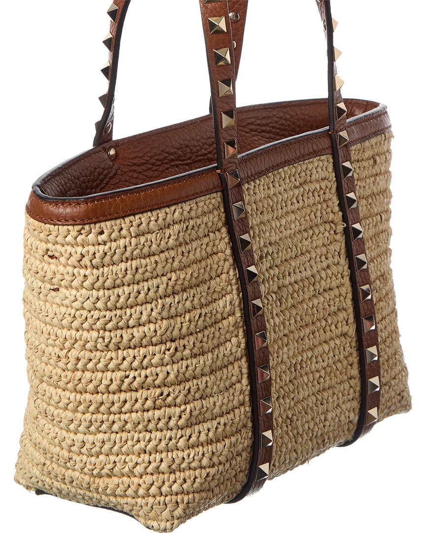 Valentino Valentino Rockstud Straw & Leather Tote