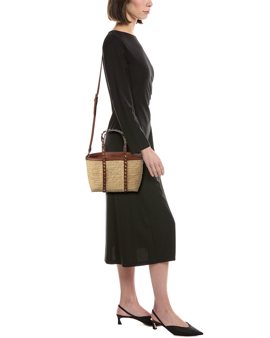 Valentino Valentino Rockstud Straw & Leather Tote