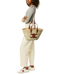 CELINE Celine Triomphe Classic Panier Straw & Leather Tote