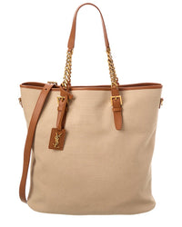 Saint Laurent Logo Canvas & Leather Tote ONE SIZE Beige