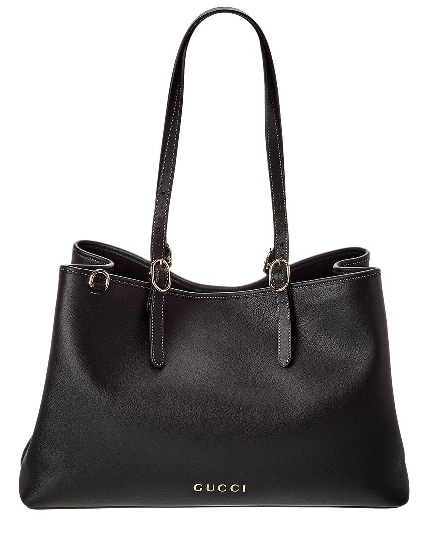 Gucci Gg Emblem Large Leather Tote ONE SIZE Black