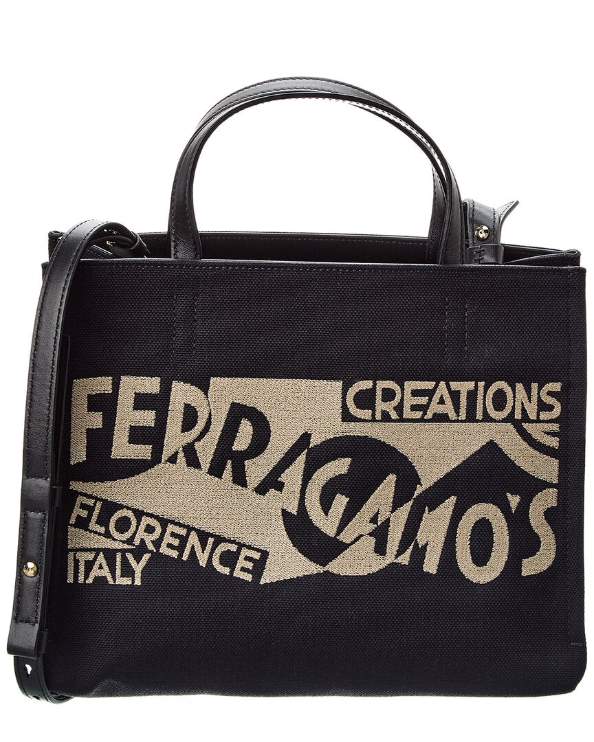 Ferragamo Logo Leather-Trim Tote Black ONE SIZE