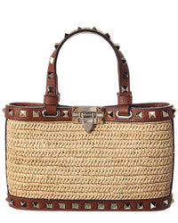 Valentino Valentino Rockstud Mini Straw & Leather Tote