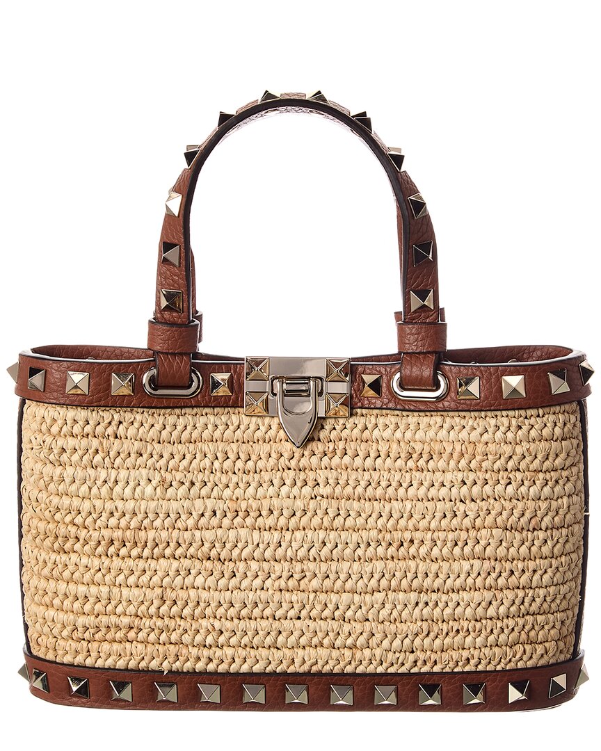 Valentino Valentino Rockstud Mini Straw & Leather Tote