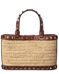 Valentino Valentino Rockstud Mini Straw & Leather Tote