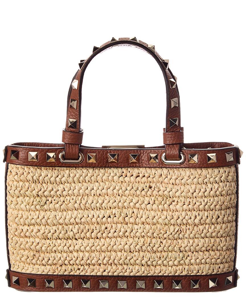 Valentino Valentino Rockstud Mini Straw & Leather Tote